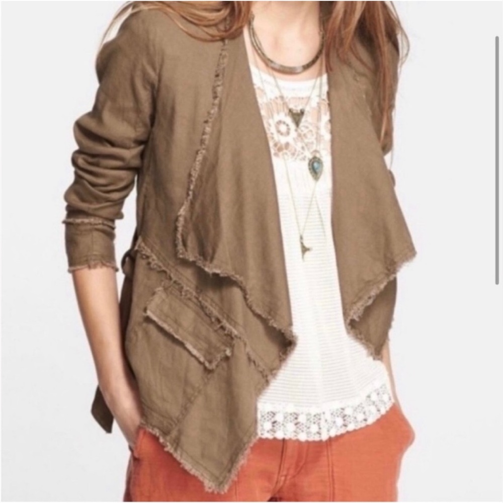 Free People Size S Waterfall Jacket Linen Blend Open Cardigan Raw Edge Khaki